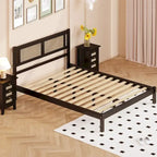 Queen Size Wood Platform Bed with Natural Rattan Headboard