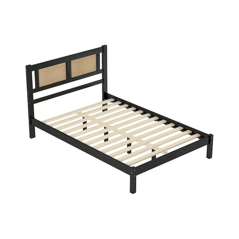 Queen Size Wood Platform Bed with Natural Rattan Headboard