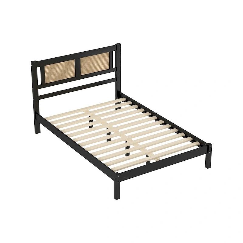 Queen Size Wood Platform Bed with Natural Rattan Headboard