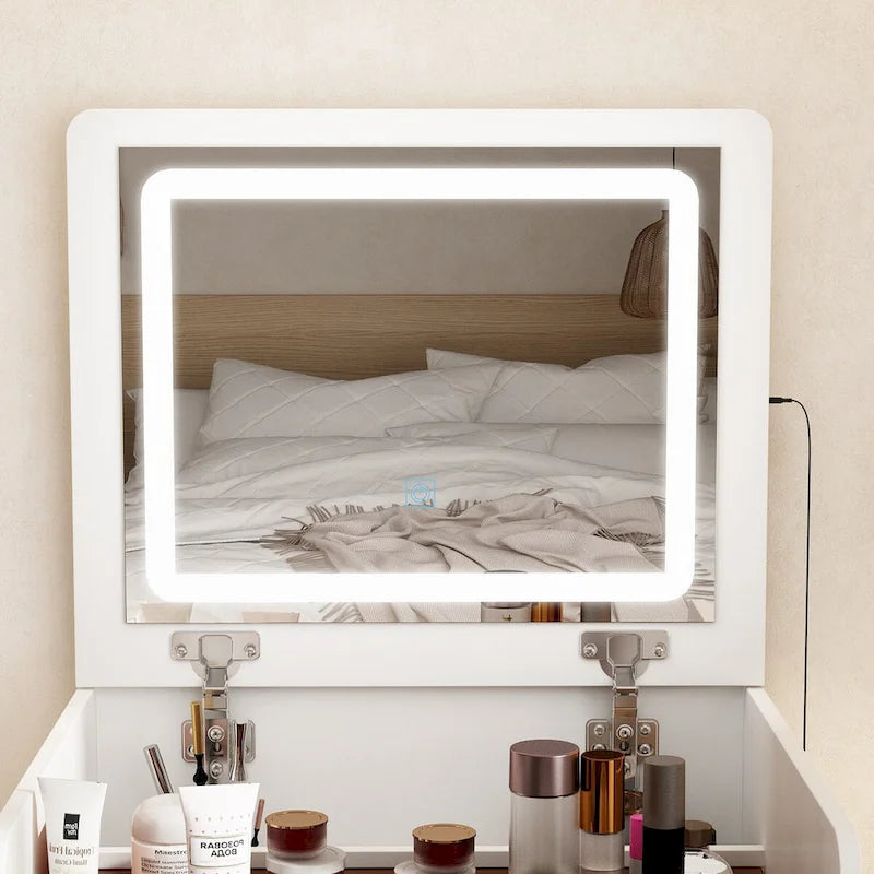 Vanity Set LED Mirror Storage Stool Adjustable Lighting Glass Top