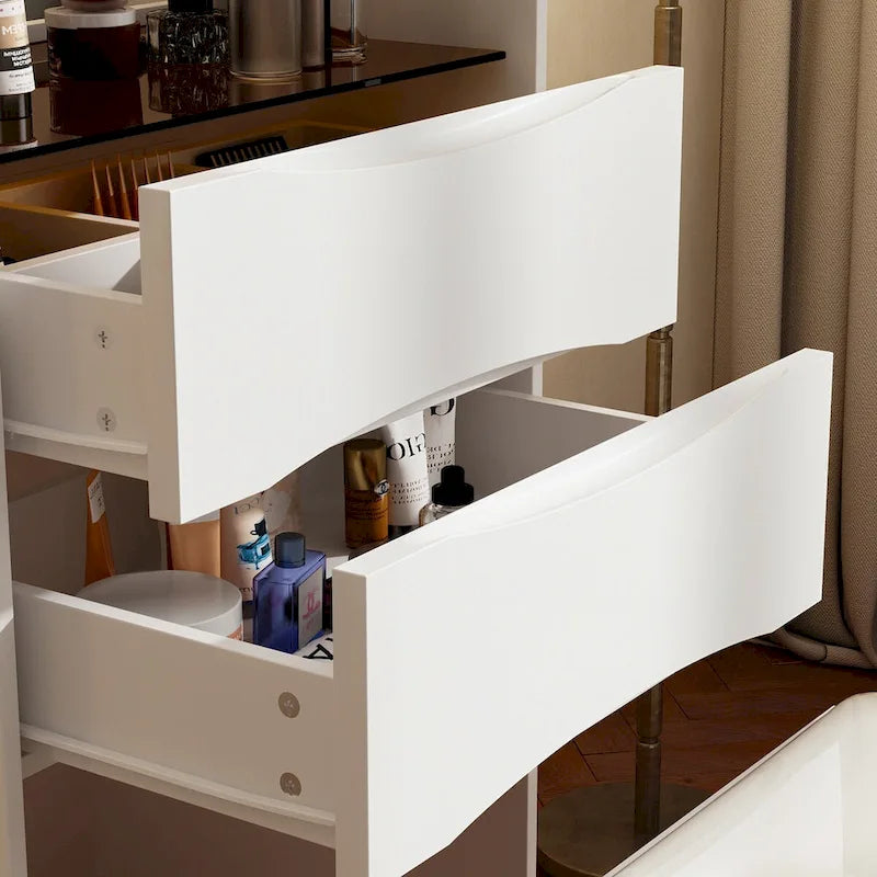 Vanity Set LED Mirror Storage Stool Adjustable Lighting Glass Top