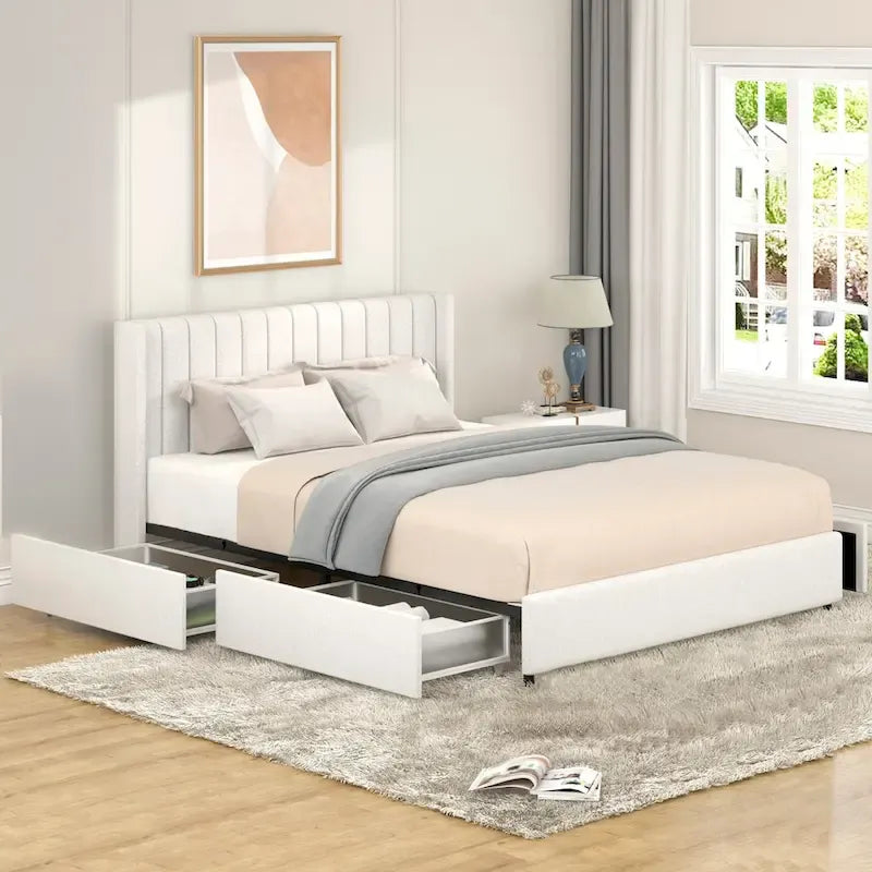 Lilium Ivory Boucle Upholstered Queen Platform Bed with Drawers by Christopher Knight Home