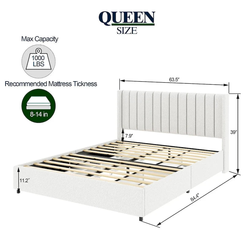 Lilium Ivory Boucle Upholstered Queen Platform Bed with Drawers by Christopher Knight Home