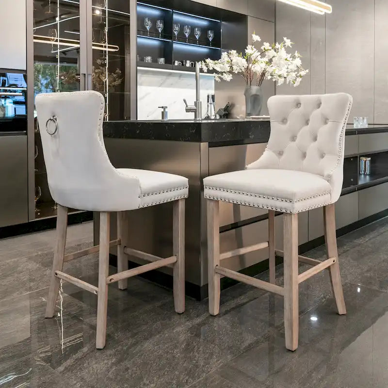 Modern Velvet Upholstered Barstools Bar Chairs with Button Tufted Decoration,Wooden Legs,Chrome Nailhead Trim, Set of 2