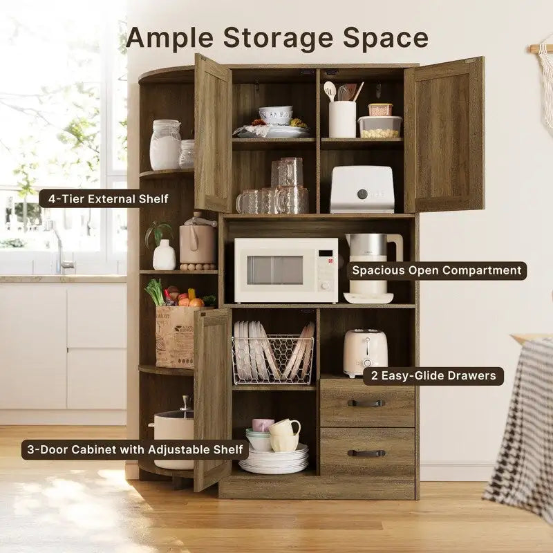 Farmhouse Kitchen Storage Cabinet with Doors and Open Shelves, Buffet Sideboard with Microwave Shelves and Drawers