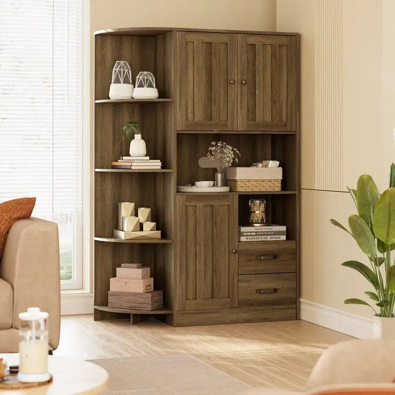 Farmhouse Kitchen Storage Cabinet with Doors and Open Shelves, Buffet Sideboard with Microwave Shelves and Drawers