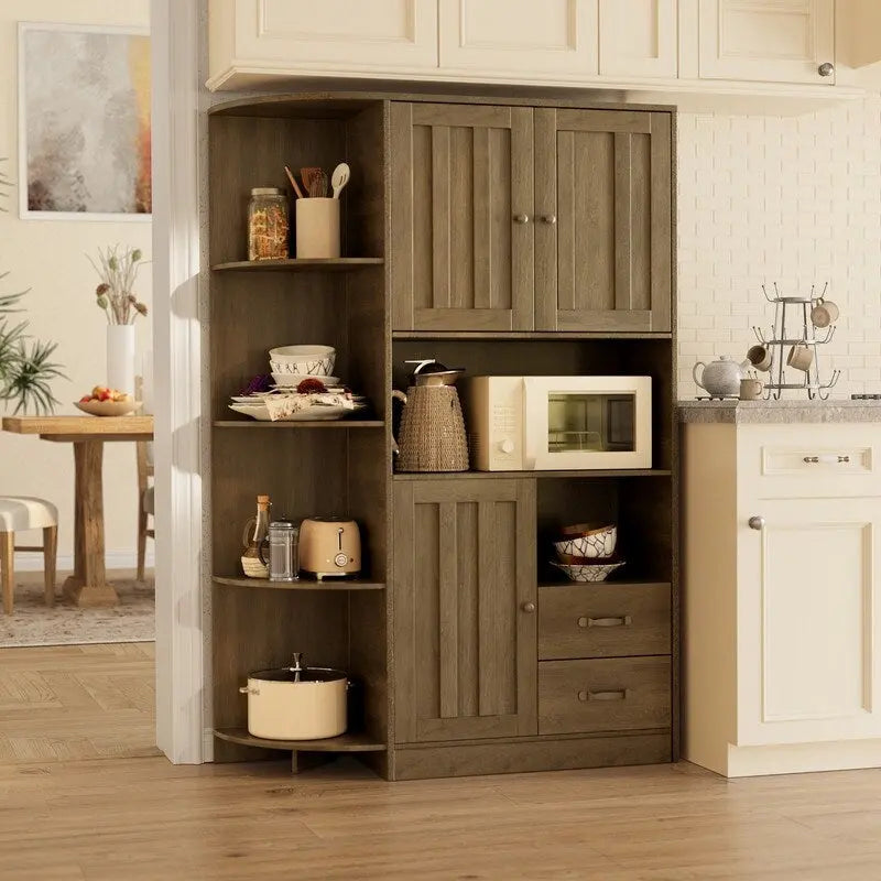 Farmhouse Kitchen Storage Cabinet with Doors and Open Shelves, Buffet Sideboard with Microwave Shelves and Drawers