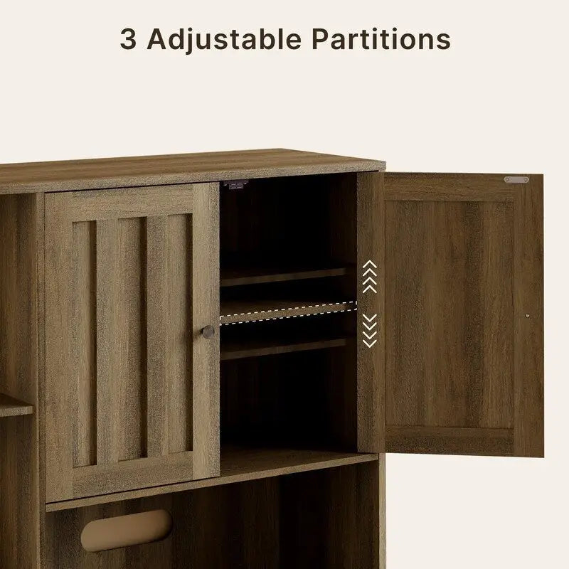 Farmhouse Kitchen Storage Cabinet with Doors and Open Shelves, Buffet Sideboard with Microwave Shelves and Drawers