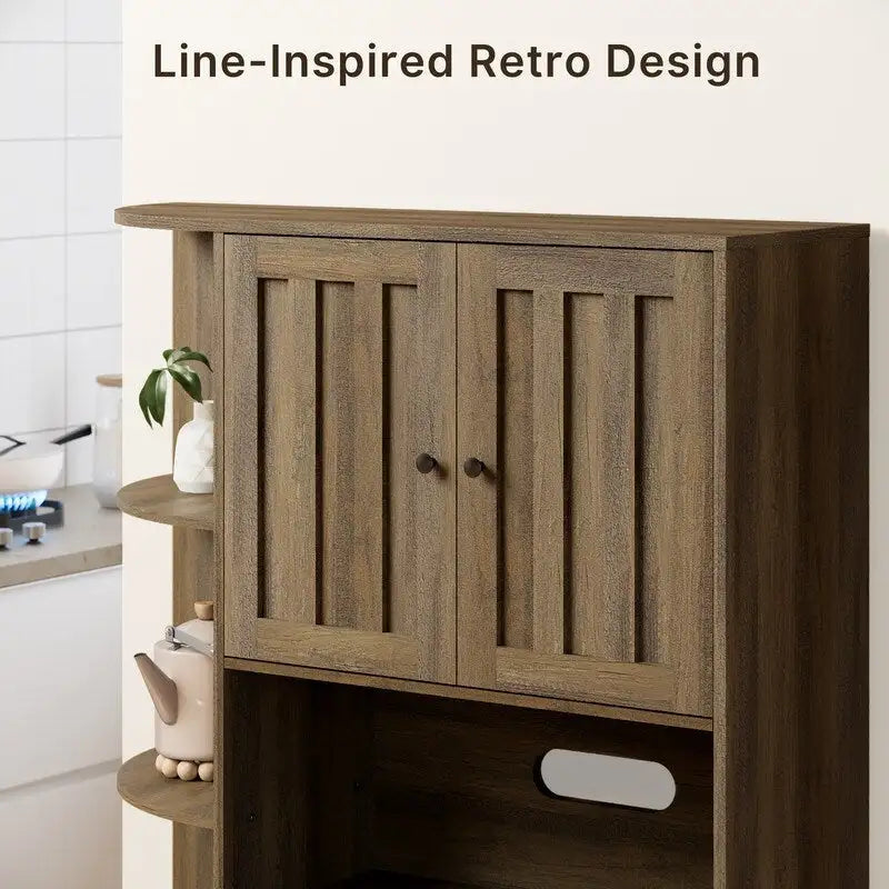 Farmhouse Kitchen Storage Cabinet with Doors and Open Shelves, Buffet Sideboard with Microwave Shelves and Drawers