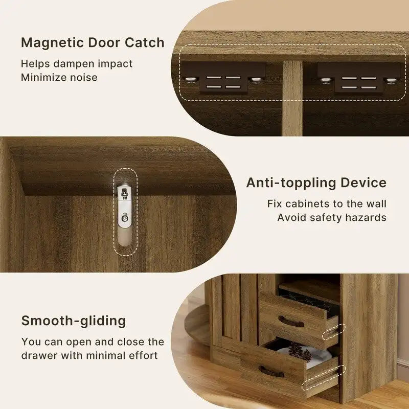 Farmhouse Kitchen Storage Cabinet with Doors and Open Shelves, Buffet Sideboard with Microwave Shelves and Drawers