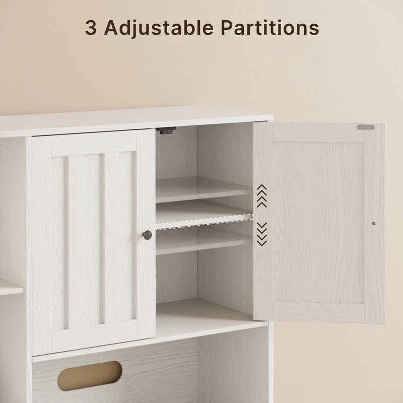 Farmhouse Kitchen Storage Cabinet with Doors and Open Shelves, Buffet Sideboard with Microwave Shelves and Drawers