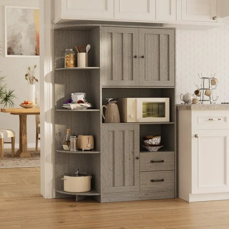 Farmhouse Kitchen Storage Cabinet with Doors and Open Shelves, Buffet Sideboard with Microwave Shelves and Drawers