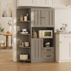 Farmhouse Kitchen Storage Cabinet with Doors and Open Shelves, Buffet Sideboard with Microwave Shelves and Drawers