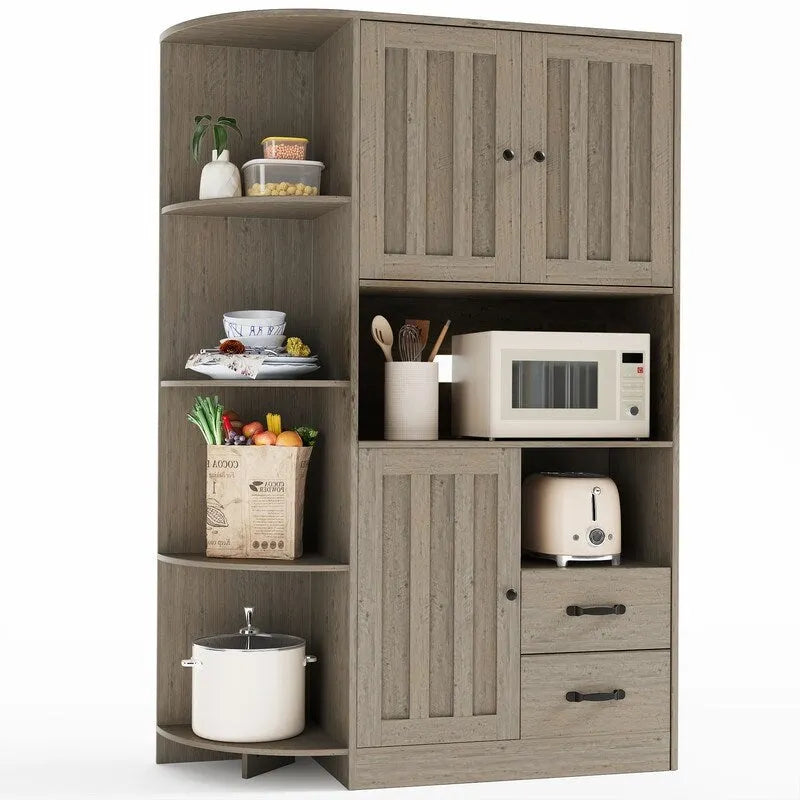 Farmhouse Kitchen Storage Cabinet with Doors and Open Shelves, Buffet Sideboard with Microwave Shelves and Drawers