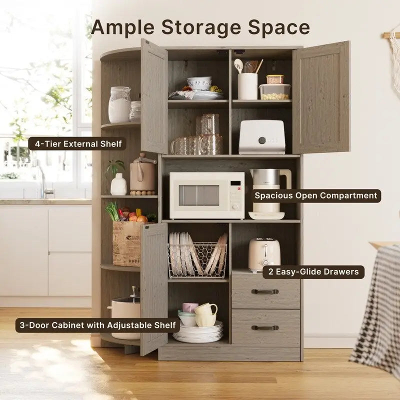 Farmhouse Kitchen Storage Cabinet with Doors and Open Shelves, Buffet Sideboard with Microwave Shelves and Drawers