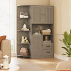Farmhouse Kitchen Storage Cabinet with Doors and Open Shelves, Buffet Sideboard with Microwave Shelves and Drawers