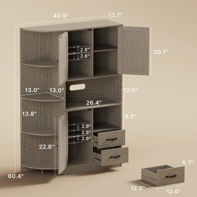 Farmhouse Kitchen Storage Cabinet with Doors and Open Shelves, Buffet Sideboard with Microwave Shelves and Drawers
