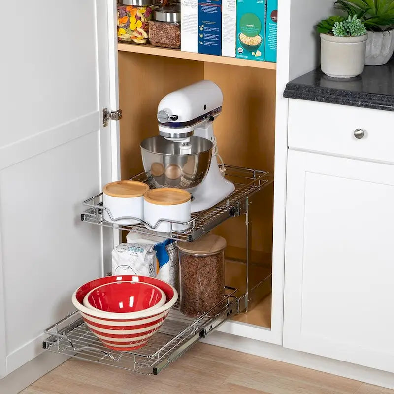 Hold N Storage Pull Out Cabinet Organizer 2 Tier  Heavy Duty Metal with Lifetime Limited Warranty - Anti Rust Chrome Finish