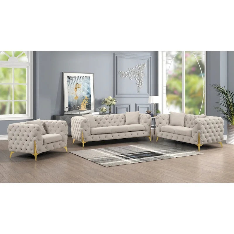 3 Pieces Mid-century Modern Buckle Fabric Living Room Sofa Set Sectional