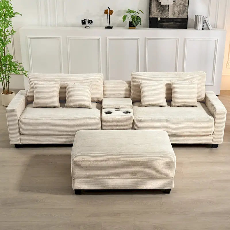 Oversized Corduroy Upholstered Sofa with a Removable Ottoman & 4 Pillows