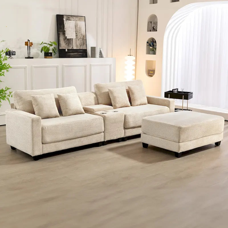 Oversized Corduroy Upholstered Sofa with a Removable Ottoman & 4 Pillows