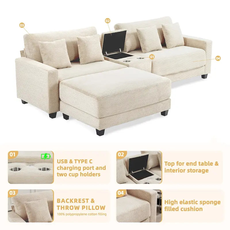 Oversized Corduroy Upholstered Sofa with a Removable Ottoman & 4 Pillows