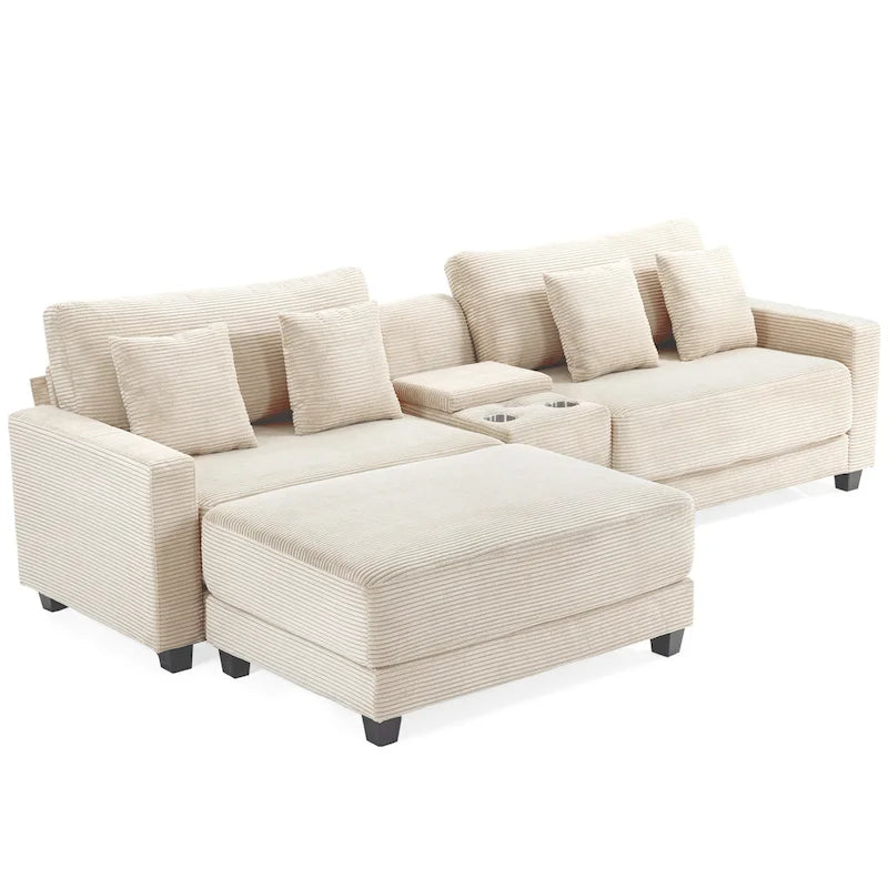 Oversized Corduroy Upholstered Sofa with a Removable Ottoman & 4 Pillows