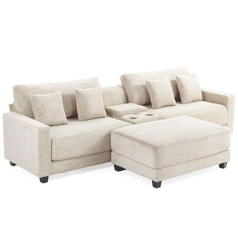 Oversized Corduroy Upholstered Sofa with a Removable Ottoman & 4 Pillows