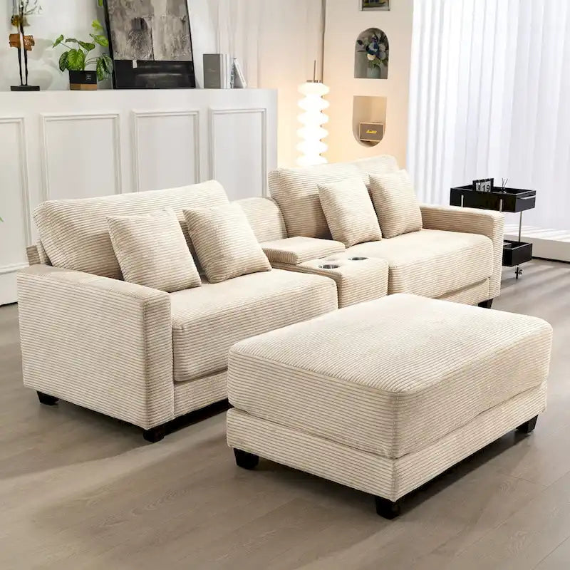 Oversized Corduroy Upholstered Sofa with a Removable Ottoman & 4 Pillows