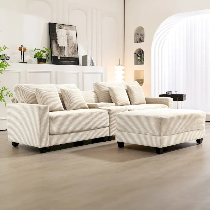 Oversized Corduroy Upholstered Sofa with a Removable Ottoman & 4 Pillows