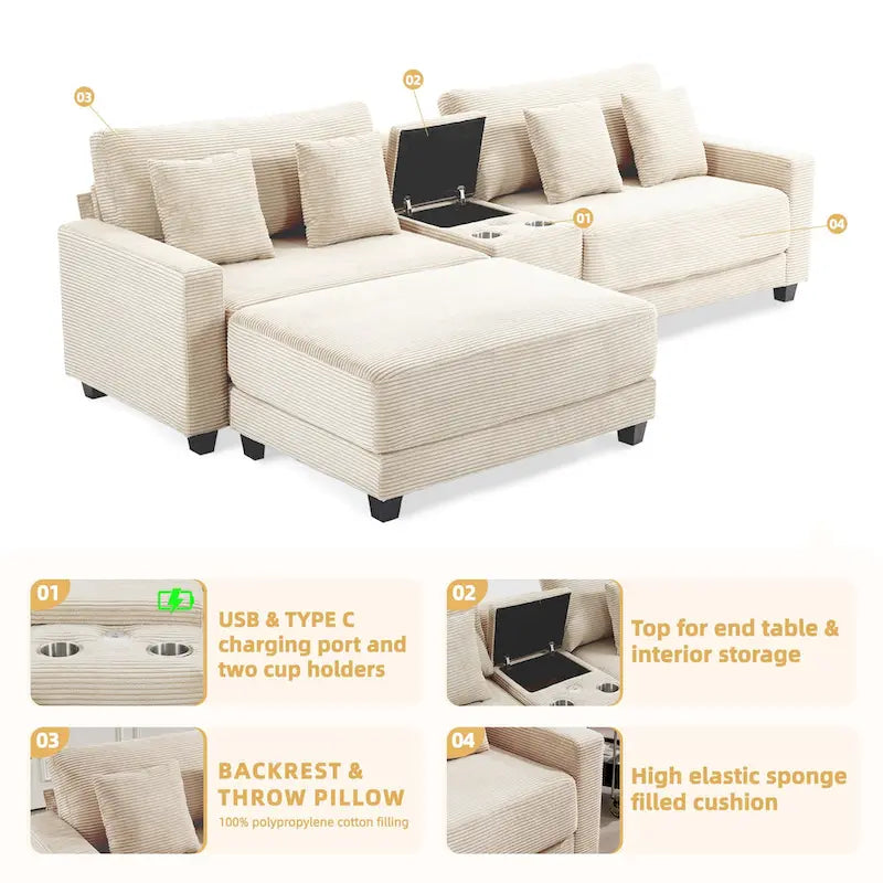 Oversized Corduroy Upholstered Sofa with a Removable Ottoman & 4 Pillows