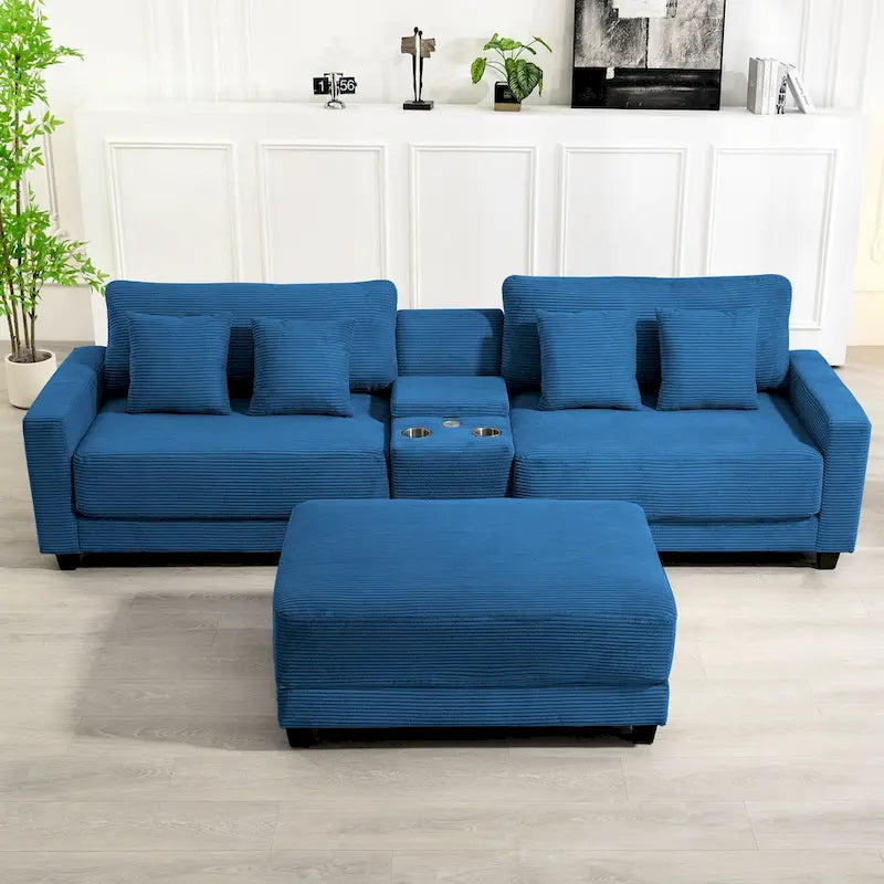 Oversized Corduroy Upholstered Sofa with a Removable Ottoman & 4 Pillows