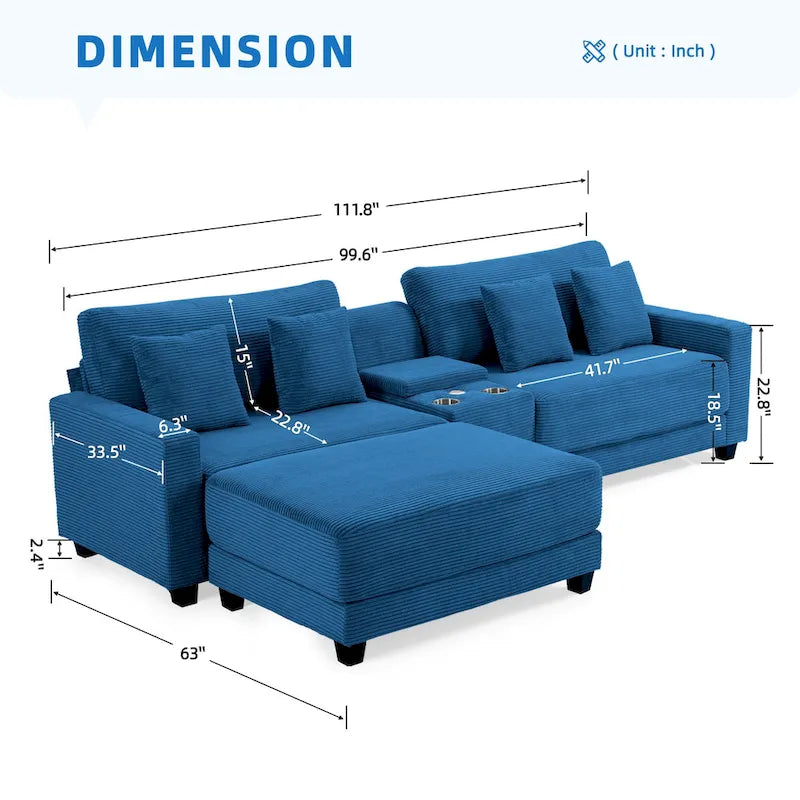 Oversized Corduroy Upholstered Sofa with a Removable Ottoman & 4 Pillows