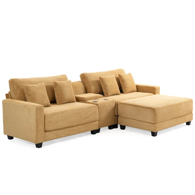Oversized Corduroy Upholstered Sofa with a Removable Ottoman & 4 Pillows