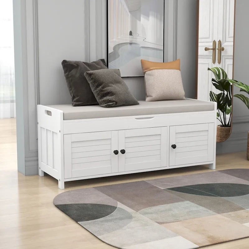 Storage Bench with 3 Shutter-shaped Doors, Removable Cushion and Hidden Storage Space - 43.5L x 16W x 18H