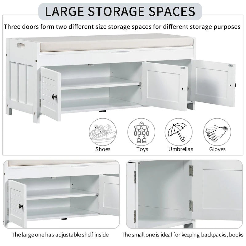 Storage Bench with 3 Shutter-shaped Doors, Removable Cushion and Hidden Storage Space - 43.5L x 16W x 18H