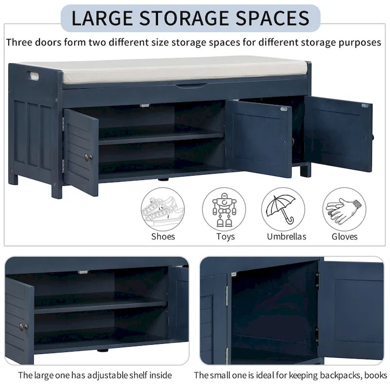 Storage Bench with 3 Shutter-shaped Doors, Removable Cushion and Hidden Storage Space - 43.5L x 16W x 18H