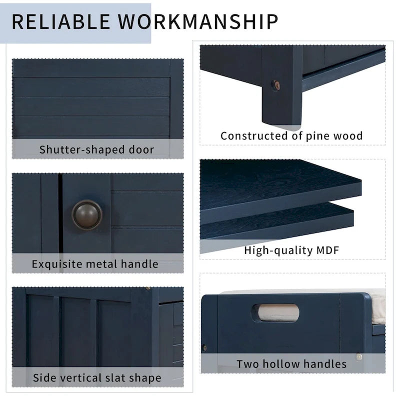 Storage Bench with 3 Shutter-shaped Doors, Removable Cushion and Hidden Storage Space - 43.5L x 16W x 18H