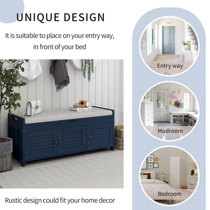 Storage Bench with 3 Shutter-shaped Doors, Removable Cushion and Hidden Storage Space - 43.5L x 16W x 18H