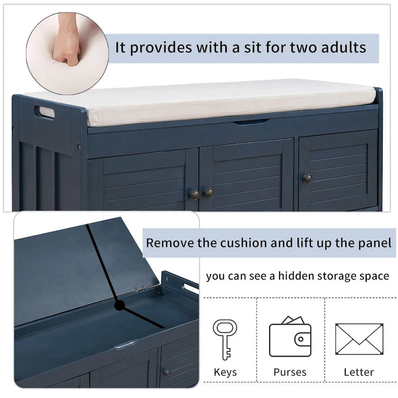 Storage Bench with 3 Shutter-shaped Doors, Removable Cushion and Hidden Storage Space - 43.5L x 16W x 18H
