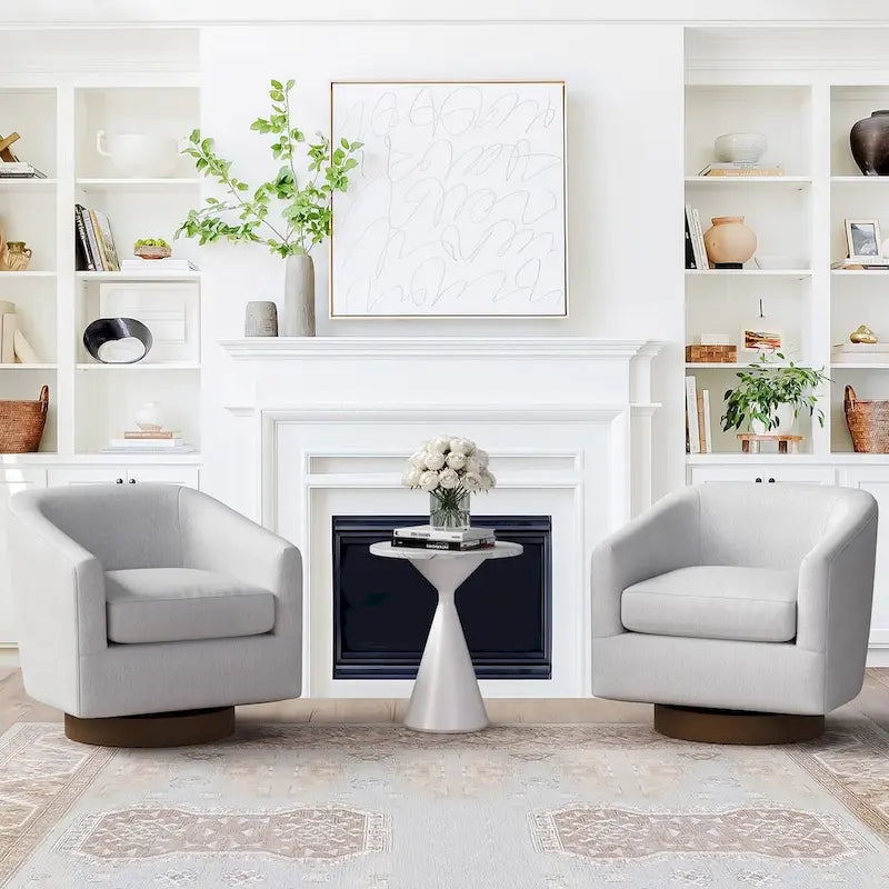 Modern Upholstered Accent Chair Fabric 360 Swivel Barrel Set of 2 Armchair Wood Frame