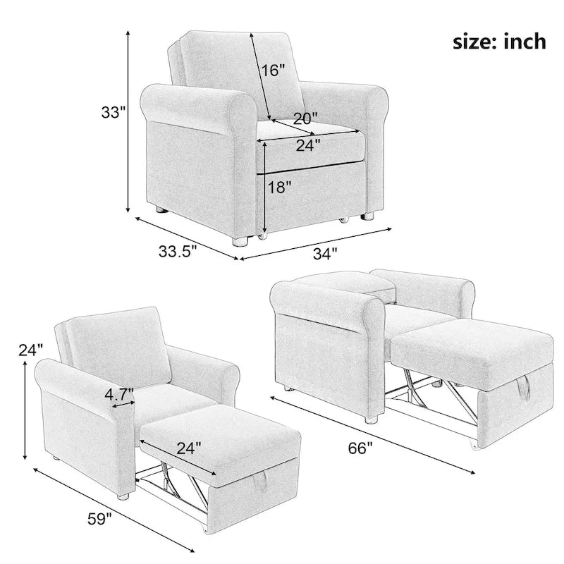 3-in-1 Sofa Bed Chair Convertible Sleeper Chair Bed