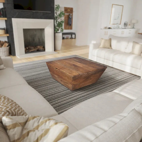 36 Inch Handcrafted Modern Farmhouse Coffee Table, Geometric Angled Square, 1 Drawer, Walnut Mango Wood