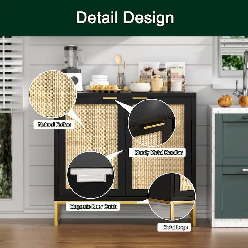 Anmytek Mid-Century Modern 2-Door Black Buffet Sideboard Accent Storage Cabinet with Adjustable Shelves