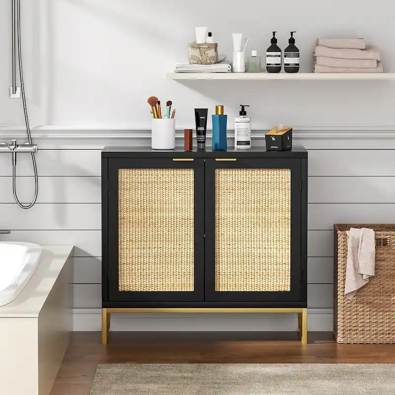 Anmytek Mid-Century Modern 2-Door Black Buffet Sideboard Accent Storage Cabinet with Adjustable Shelves