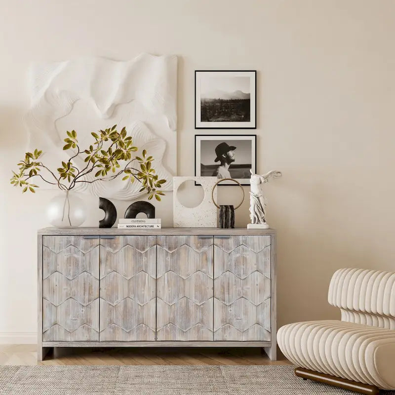 Wooden Farmhouse 4-Door Sideboard with Adjustable Shelves
