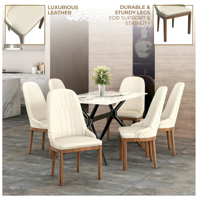 Leather Dining Chair with Rubberwood Legs Side Charis Sleek Diamond Stitching Back