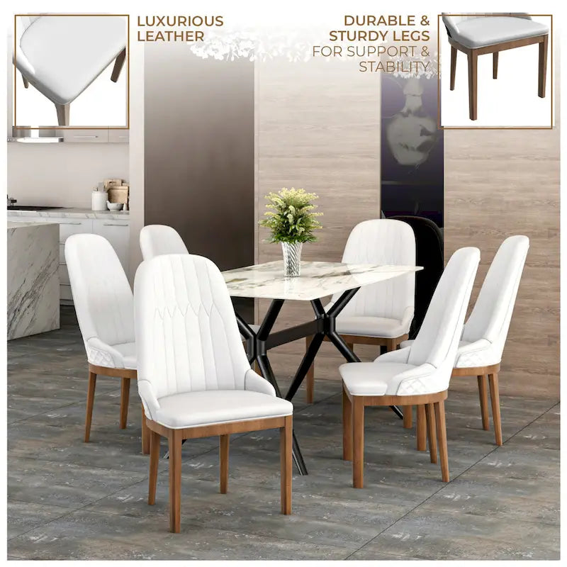 Leather Dining Chair with Rubberwood Legs Side Charis Sleek Diamond Stitching Back