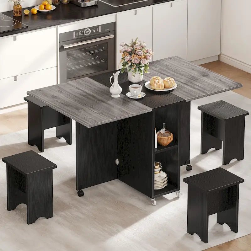 Moasis Modern Folding Dining Set with 6 Wheels Drop Leaf Table and Storage Stools