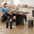 Moasis Modern Folding Dining Set with 6 Wheels Drop Leaf Table and Storage Stools
